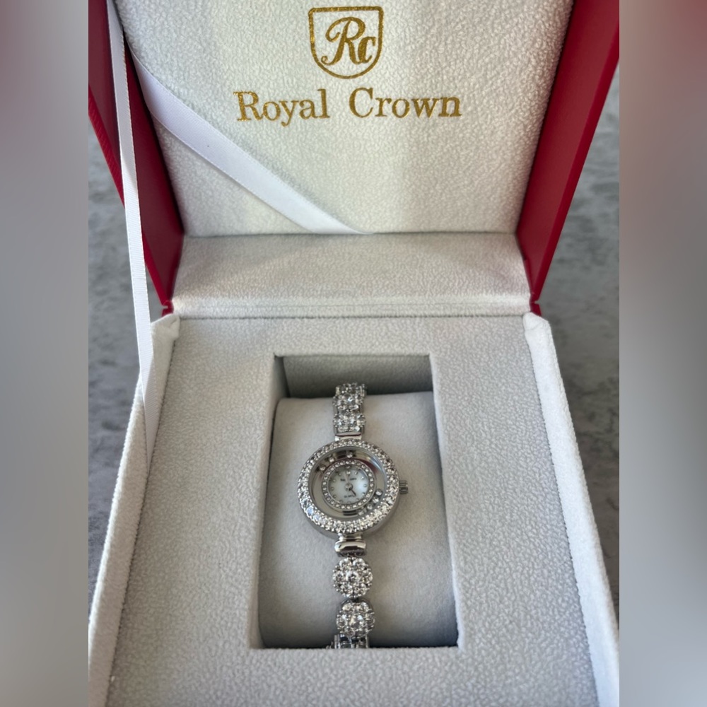 Royal Crown Quartz Watch Sterling Silver 5308 Rhinestones Mother Of Pearl Face